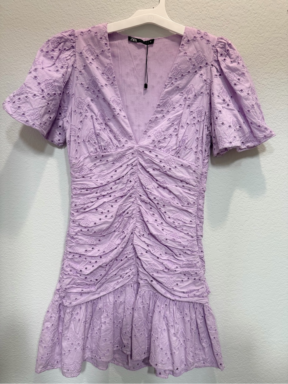 Zara Lavender Eyelet Ruched Mini Dress with Puff Sleeves NWOT